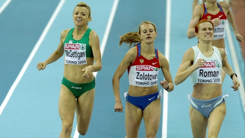 Roisin McGettigan crosses the line in fourth at the the Oval Lingotto indoor arena in Turin