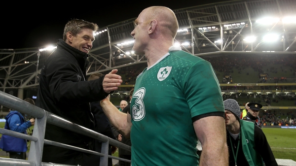 Ronan O'Gara celebrates with Paul O'Connell after Ireland's victory over Australia