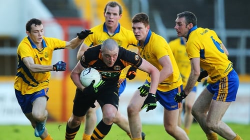 Austin Stacks' Kieran Donaghy under pressure from Keith Guiry, Michael O'Gorman, Dermot Ryan and Brian Wall of The Nire