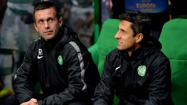 Manger Ronny Deila (left) and assistant John Collins will be expecting their Celtic side to return to winning ways when the league leaders entertain struggling St Mirren on Sunday