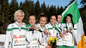 The Ireland women's team celebrate with their bronze medals