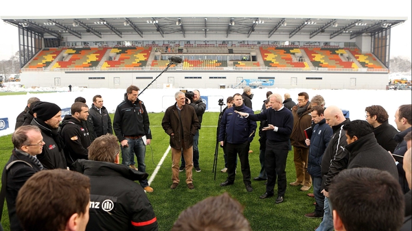 Edward Griffiths, the Saracens chief executive, holds court with the media at Allianz Park