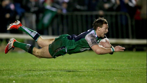 A diving Kieran Marmion scores Connacht's opening try in their impressive come-from-behind victory at the Sportsground
