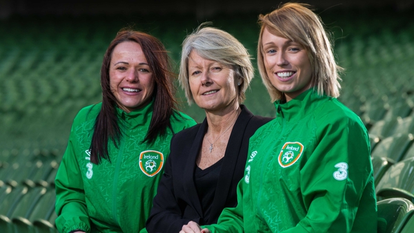 Aine O'Gorman, Sue Ronan and Stephanie Roche pictured at the Aviva Stadium for the squad announcement