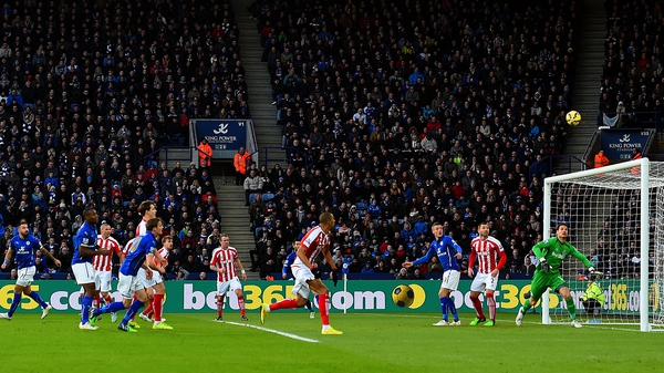 Stoke 'keeper Asmir Begovic watches the ball clear the bar during the early exchanges at The King Power Stadium