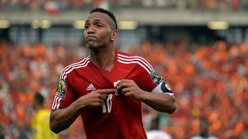 Equatorial Guinea's midfielder Emilio Nsue celebrates after scoring the opening goal of the 2015 Africa Cup of Nations