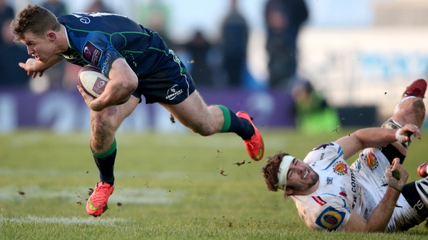 Connacht's Matt Healy tackled by Don Armand of Exeter Chiefs