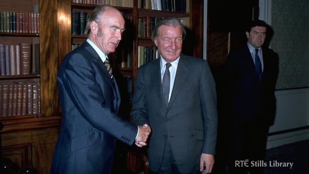 President Patrick Hillery [L] and Taoiseach Charles Haughey [R] at the dissolution of Dail Eireann (1982)  