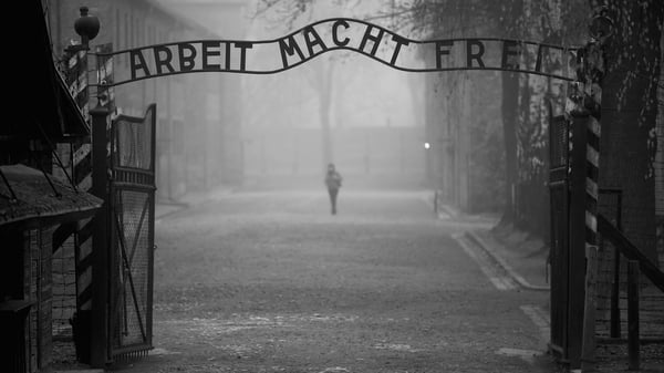 The infamous German inscription that reads 'Work Makes Free' at the main gate of the Auschwitz I extermination camp in Oswiecim in Poland