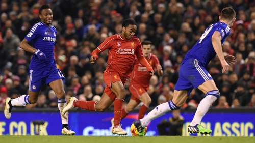 Raheem Sterling en route to scoring Liverpool's equaliser in the first leg at Anfield