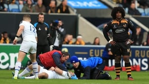 Dave Kearney on the ground after the tackle from Ashley Johnson