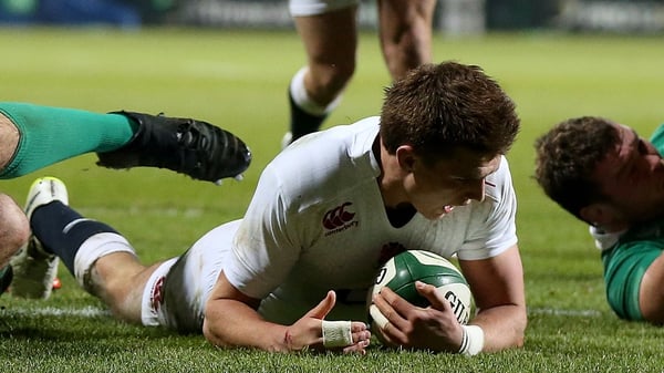 Henry Slade touches down for the England Saxons' first try