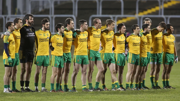 The Donegal team line up for the national anthem