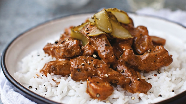 Neven Maguire's Beef Stroganoff with Fluffy Rice and Dill Pickle Shavings
