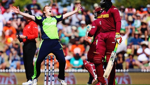 Kevin O'Brien celebrating a West Indies wicket in his first over