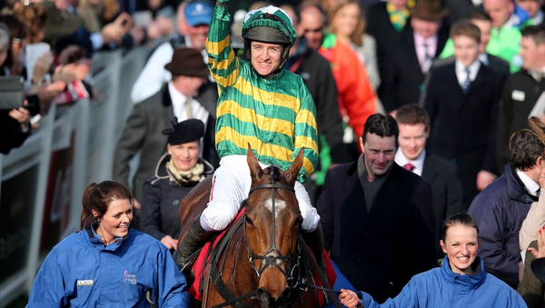Barry Geraghty on board More of That celebrates celebrates last year's Cheltenham win