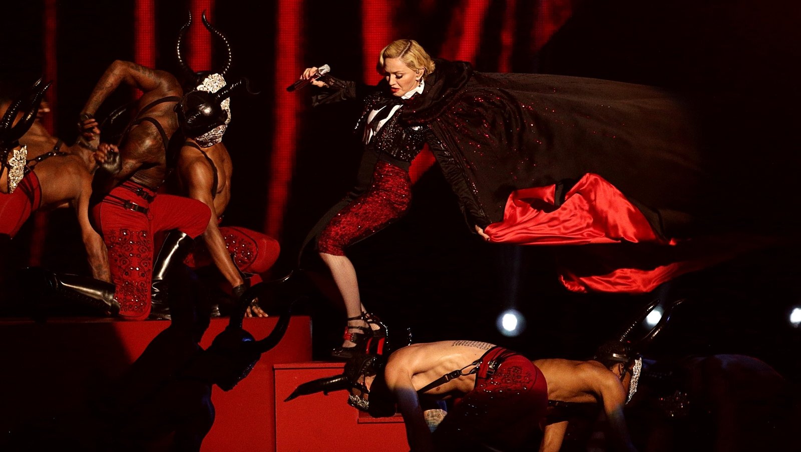 Pop star Madonna has fallen off the stage during her performance at the 201...