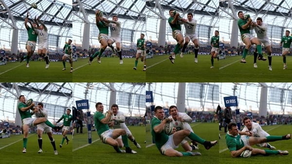 Robbie Henshaw out-jumps Alex Goode to score Ireland's try against England