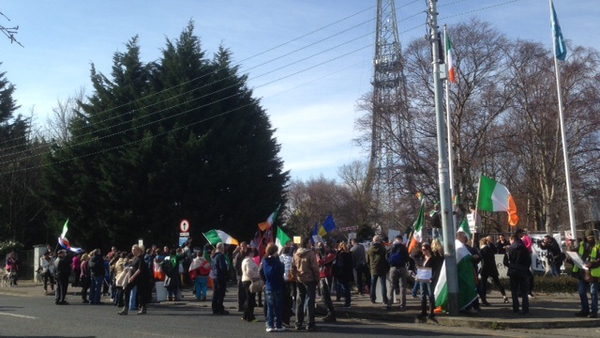 Protesters gathered at the entrance to RTÉ this afternoon