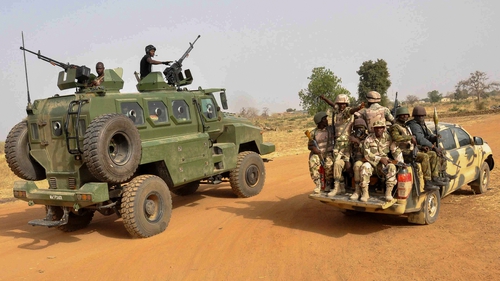 The Nigerian army patrols an area in Chibok, Borno State