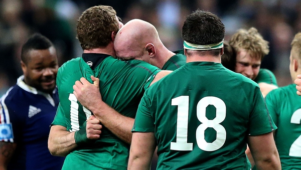 Sean Cronin and Paul O'Connell embrace following Ireland's Six Nations clinching win over France in Paris in 2014