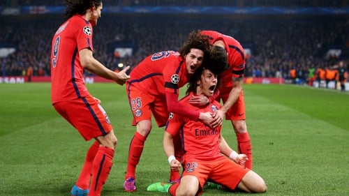 David Luiz and PSG team-mates celebrate his goal