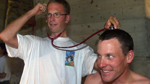 Jonathan Vaughters and Lance Armstrong joke during the traditional medical check-up before the start of the 1999 Tour de France