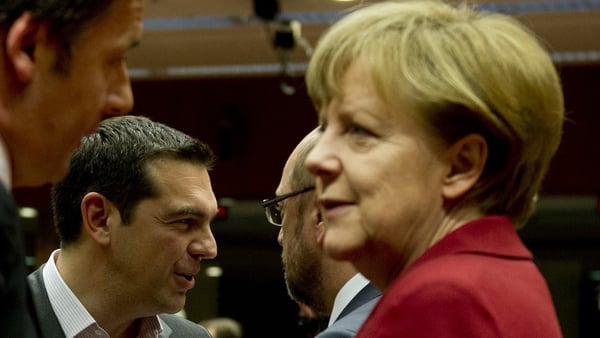 Greek Prime Minister Alex Tsipras and German Chancellor Angela Merkel at the Brussels summit