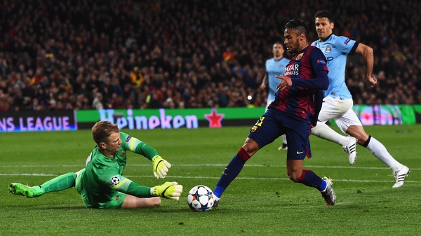Neymar is denied by Joe Hart during Manchester City's defeat to Barcelona