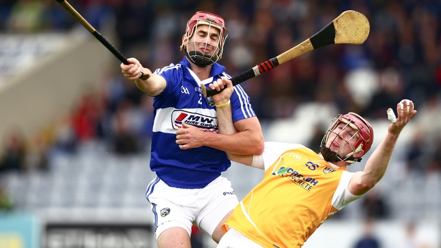 Antrim's PJ O'Connell with John A Delaney of Laois during last summer's qualifier