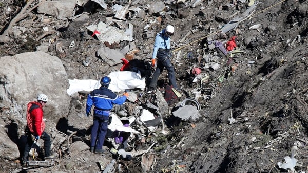 Investigators at the crash site in the Alps