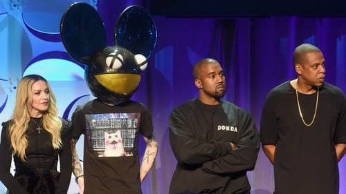Madonna, Deadmau5, Kanye West, and JAY Z onstage at the Tidal launch event
