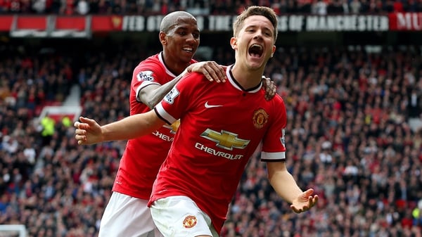 Man Utd's Ander Herrera celebrates his first goal with team-mate Ashley Young