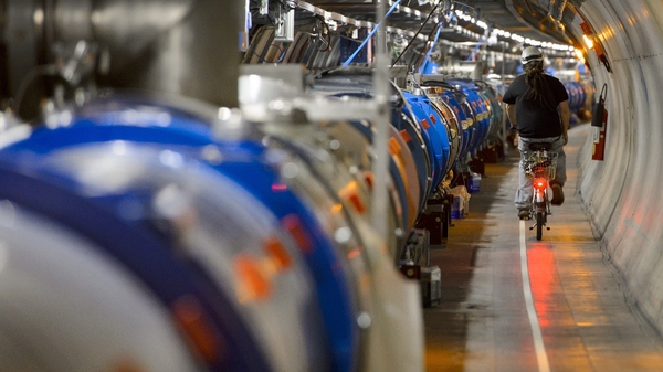 A worker cycles in a tunnel of the CERN Large Hadron Collider during maintenance works