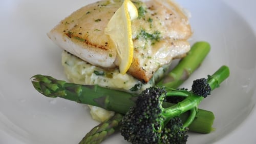 Panfried Hake, with wild garlic mashed potato, spr