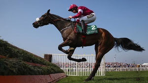 Clarcam en route to beating Vibrato Valtat to land a novice chase at Aintree in April