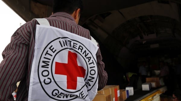 Emergency medical aid supplied by the ICRC and UNICEF is unloaded at Sanaa International Airport in Sana'a