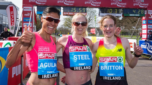 Ireland's Fionnuala Britton, right, with Spain's Alessandra Aguilar, left, who finished third and race winner Gemma Steel