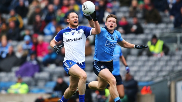 Monaghan's Vinny Corey and Paul Flynn of Dublin battle for the ball
