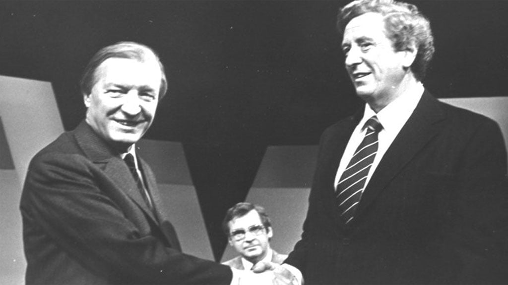The "Today Tonight - Election Debate" presented by Brian Farrell. Charles Haughey, The "Today Tonight - Election Debate" presented by Brian Farrell. Charles Haughey, Fianna Fail Party Leader (L) shakes hands with Garret Fitzgerald, Fine Gael Party Leader
