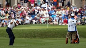 Jordan Spieth hits his second shot on the ninth hole during the second round of the RBC Heritage