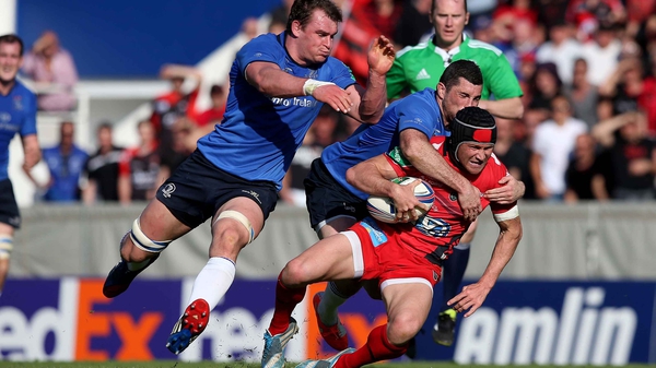 Leinster's Rhys Ruddock and Rob Kearney tackle Toulon's Matt Giteau in last year's quarter-final