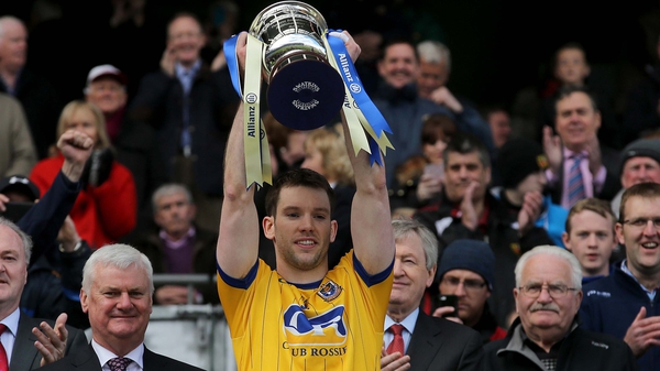Roscommon captain Niall Carty lifts the Division 2 trophy