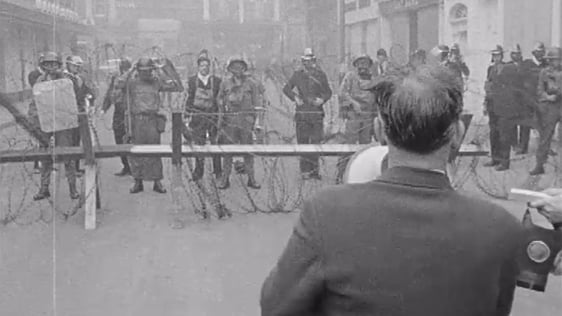 A representative of the Bogside addresses the British soldiers in Derry on 14 August, 1969.