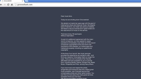 The message announcing its closure posted on Grooveshark's website