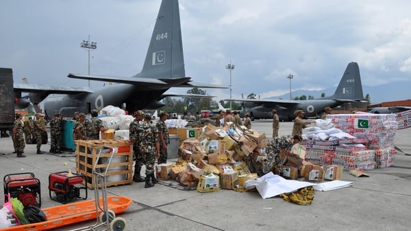 Soldiers unload relief goods for the victims of earthquake in Nepal earlier this week