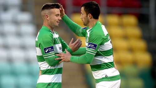 Experienced campaigned Keith Fahey celebrates with young striker Mikey Drennan, who sealed the victory for Rovers