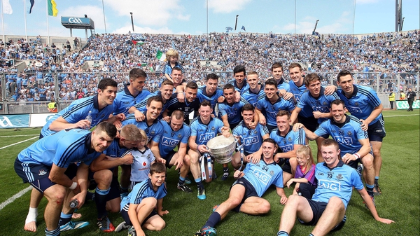 The Dublin team celebrate in front of Hill 16 after winning the 2014 Leinster title