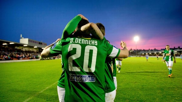 Cork City's Billy Dennehy is congratulated on scoring from the penalty spot by teammates