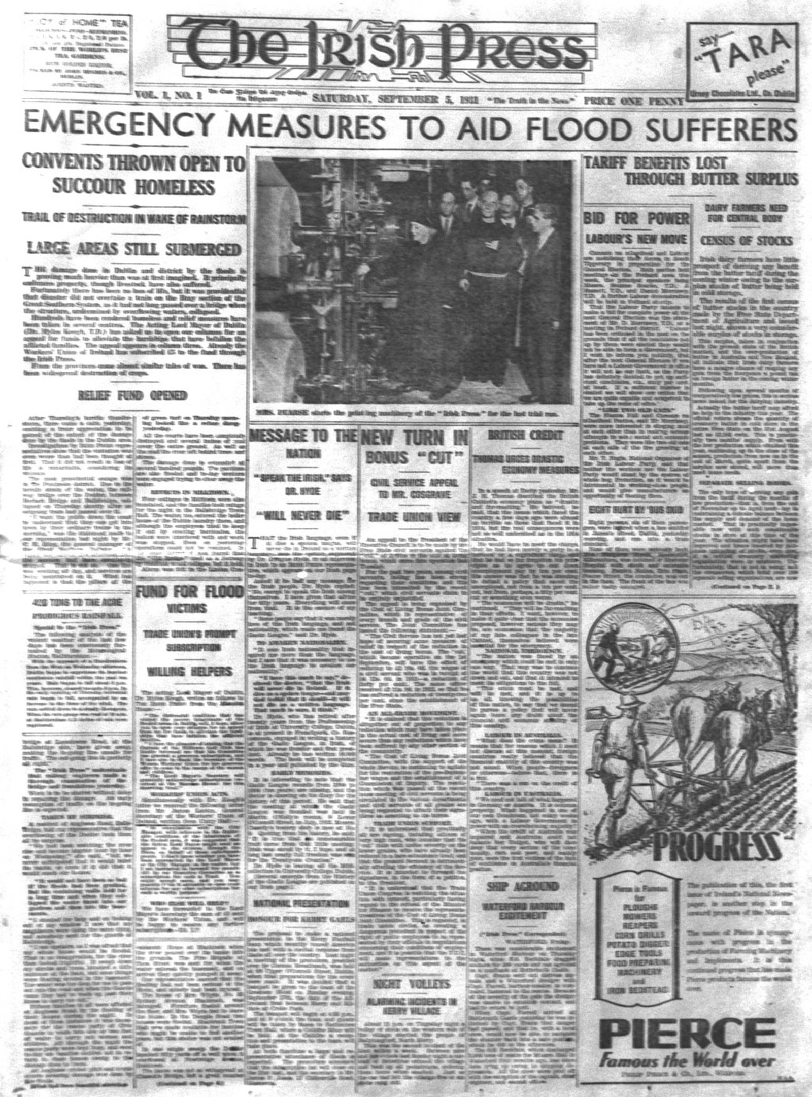 Image - The first edition of the Irish Press, partly funded by the money raised by De Valera in the U.S.